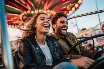 Foto auf Acrylglas Excited couple enjoying a thrilling, high-speed ride at an amusement park, their laughter symbolizing the fun of a summer vacation, generative ai © InputUX