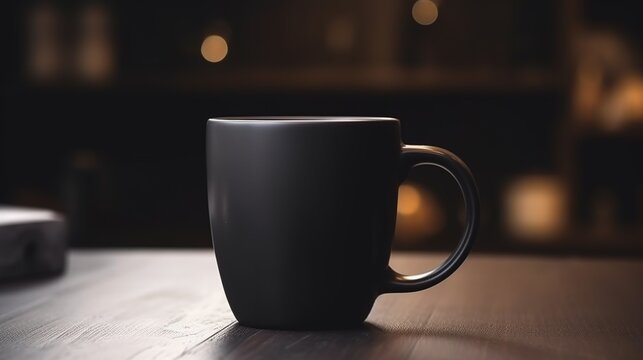 Generative AI, Black ceramic cup set-up in at home interior, mug mock up blank.