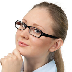 Young Woman with Glasses Stroking Chin - Isolated