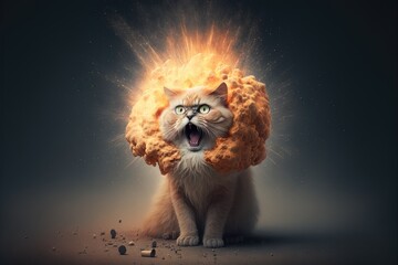 Portrait of cat with exploding head on isolated background.