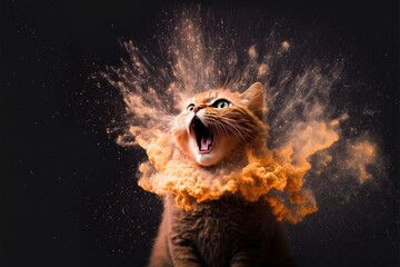 Cat portrait with bursting flames and open mouth. Low angle view.
