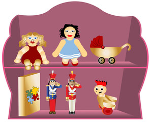 Obraz na płótnie Canvas Illustration of a purple shelf with different children toys.