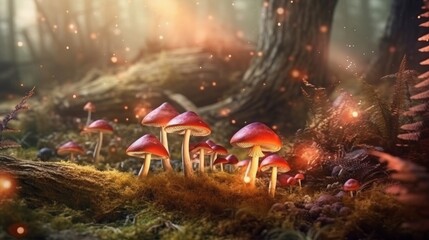 Mushrooms growing in a field of grass. Generative ai