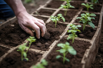 person planting a seedling in garden