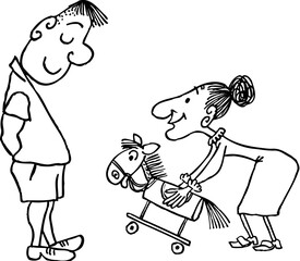 Mother giving big son toy horse