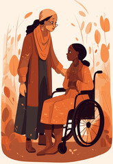 mother and daughter in wheelchair. generative ai technology