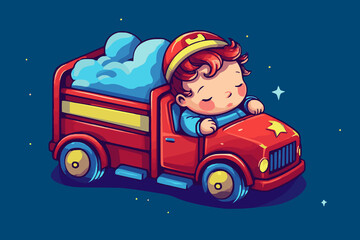 baby sleeping on a firetruck toy, illustration in the style of a sticker or a children's book. generative AI technology