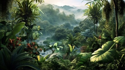 A lush jungle landscape with vibrant flora and fauna. Generative ai