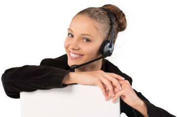Close-up portrait of Young businesswoman in headset  isolated on white background