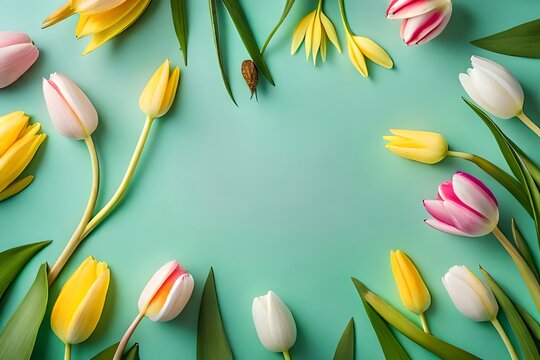 Spring atmosphere concept. Top view photo of scattered pink yellow and white tulips on isolated teal background with AI Generative