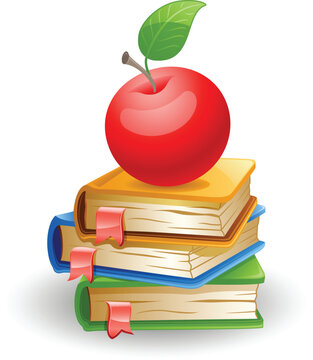 Red apple and school books isolated on white background.