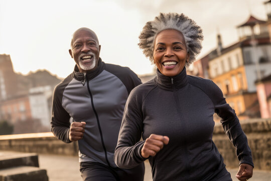 Happy active senior african couple jogging at street. Generative AI.