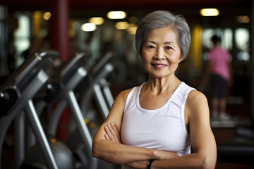 Fototapeta premium Portrait of smiling senior asian fit woman in gym. Generative AI.