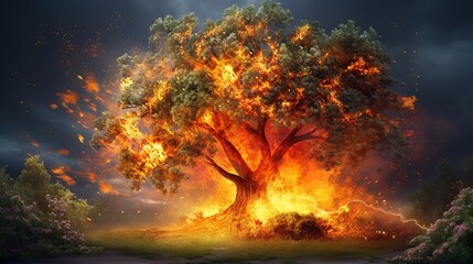 A burning tree in a dark forest. Generative ai