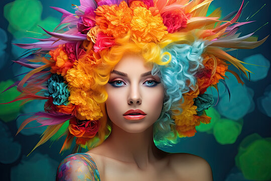 High Fashion model woman in colorful bright lights posing in studio, portrait of beautiful sexy girl with trendy make-up and manicure. Art design, colorful make up. Generative AI © PaulShlykov