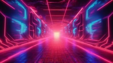 A neon-lit hallway with a tiled floor. Generative ai