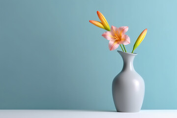 Pink and yellow flower in vase, Generative AI