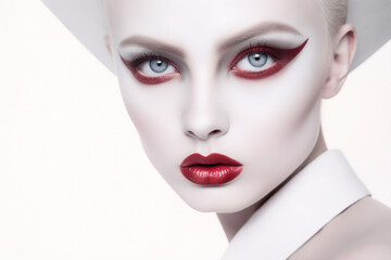 Beautiful fashion woman with white skin and red makeup, Generative AI