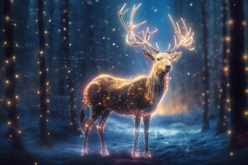 A Festive Reindeer Enchanted with Glowing Lights in a Winter Wonderland, Generative AI.