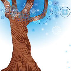Decorative winter tree vector, snowflake background. Christmas illustration.