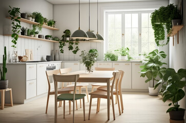 Fototapeta na wymiar Scandinavian-Inspired Kitchen: Featuring White Cabinetry, Light Wood Dining Table and Chairs, and a Stunning Green Indoor Plant., Generative AI.