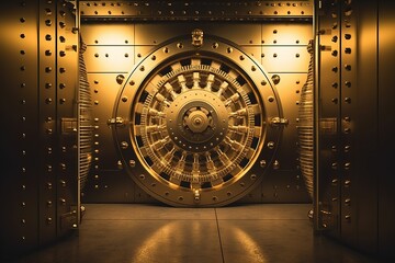 Exploring the Wealth of a Bank Vault: Unveiling the Golden Walls, Stacks of Gold Bars, and Currency Reserves, Generative AI.
