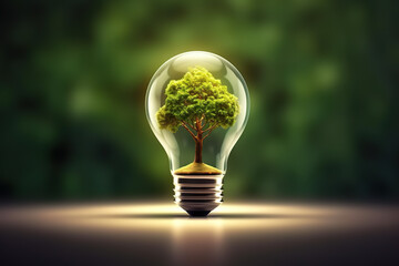 Sustainable Illumination Green Energy Concept with Tree Inside Light Bulb and Resource Icon. created with Generative AI