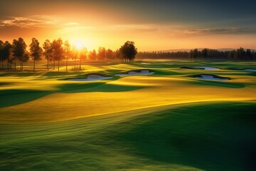 Stunning Golf Course Bathed in the Warmth of Sunrise/Sunset, Generative AI.