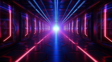 A futuristic hallway with neon lights and a long corridor. Generative ai