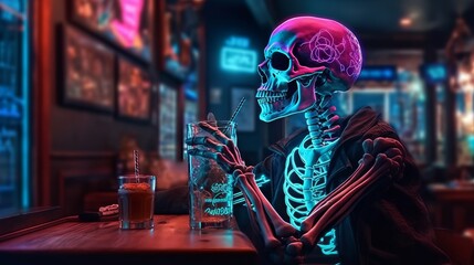 A Skeleton Relaxing in a Chair with a Drink in Hand. Generative ai