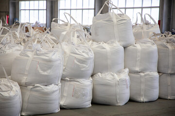 Big bag for plastic resin in warehouse factory delivery to customers	