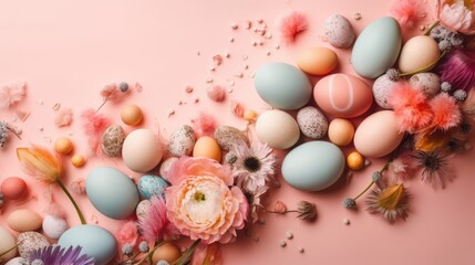 Fototapeta na wymiar Concept Design of colorful eggs and plants for Happy Easter Day banner