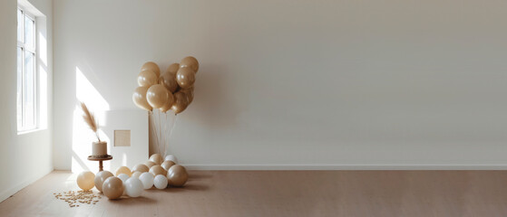 minimalist neutral birthday celebration decorations including cake and balloons, web banner, space for text, generative ai