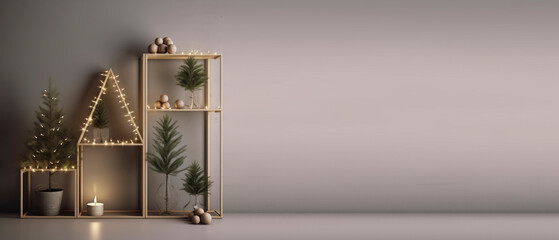 christmas inspired living display with neutral colours, web banner, space for text, generative ai