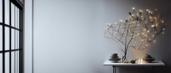 minimalist zen christmas tree and decorations, web banner, space for text, generative ai