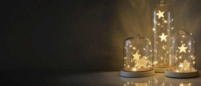 star fairy lights in jars, web banner, space for text, generative ai