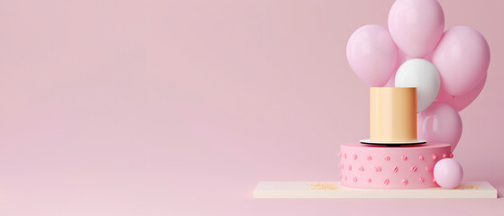 Celebration-themed 2 tier cake with balloons on pink background,, web banner, space for text, generative ai