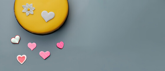 flat lay of Yellow cake with white decorations and heart candy, web banner, space for text, generative ai
