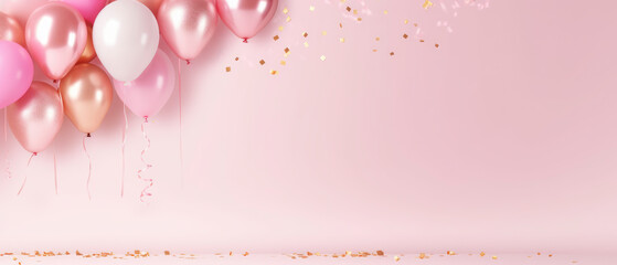pink white and golden balloons with golden confetti on pink background, web banner, space for text, generative ai