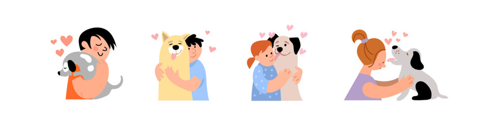 Set of kids hugging big and little dogs. Smiling positive kids embracing there dog and puppy feeling happy with friendship vector illustration