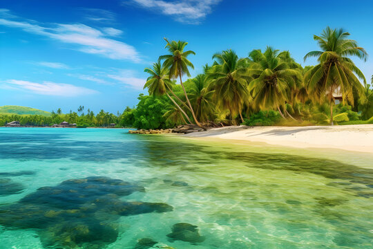 Beautiful tropical island with palm trees and beach panoramic, Generative AI © sam