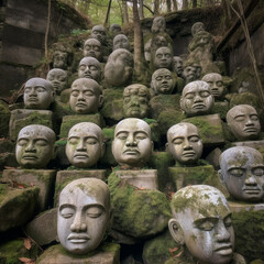 Stone Head Statues in Old Forest or Overgrown Garden. Generative ai