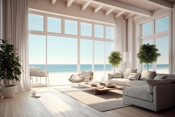 Fototapeta na wymiar Spacious Summer Beach Home with Breathtaking Ocean View: An Empty Canvas for Your Dream Interior Design, Generative AI.