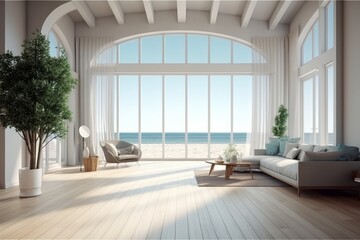 Fototapeta premium Spacious Summer Beach Home with Breathtaking Ocean View: An Empty Canvas for Your Dream Interior Design, Generative AI.