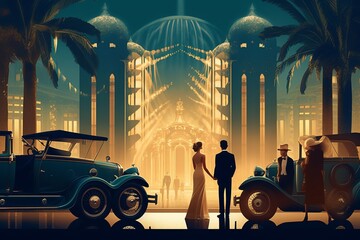 Art Deco Aesthetics: Lavish Guests Pose Next to Vintage Luxury Cars Before Entering a Glamorous Ball in a Nighttime Retro, Generative AI.