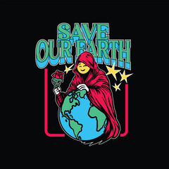 Save our earth. Vector illustration of a grim reaper with smiling face and holding rose.