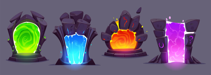 Cartoon set of stone portals with magic light inside isolated on background. Vector illustration of stone doors glowing with neon colors, leading to fantastic adventure world. Game ui design elements © klyaksun