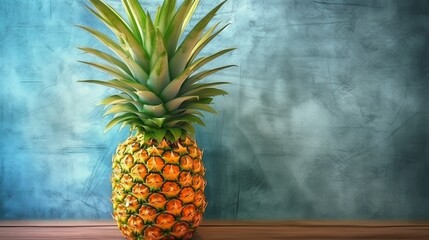A ripe pineapple on a rustic wooden table. Generative ai