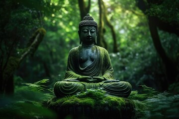 Peaceful Buddha Sculpture Surrounded by Lush Greenery