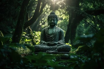 Tranquil Buddha Statue Amidst Verdant Forest
